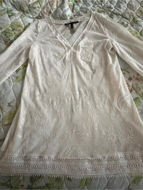 WHBM White Embroidered Mesh Boho Tunic Top Size Small CottageCore